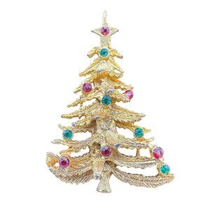 Vintage Gold Tone Christmas Tree Brooch Pin Red Green Rhinestones Star Jewelry